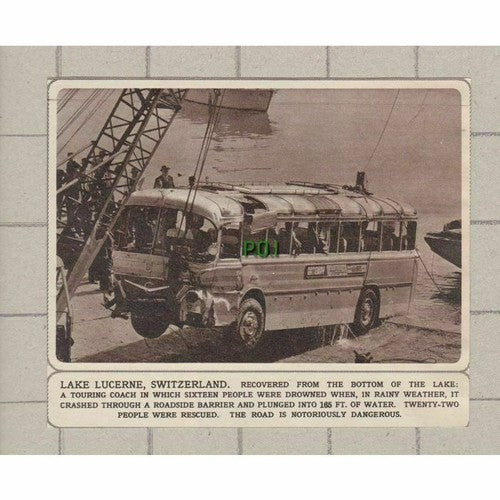 Lake Lucerne Switzerland Touring Coach Crash  - 1961 Small Clipping