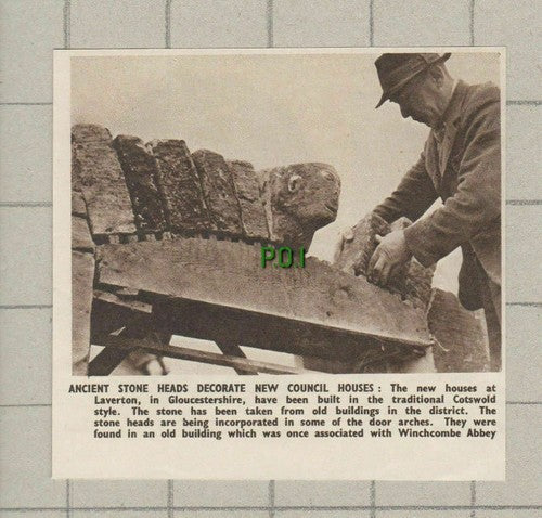 Laverton Gloucestershire Council Houses Ancient Stone Heads  - 1950 News Cutting