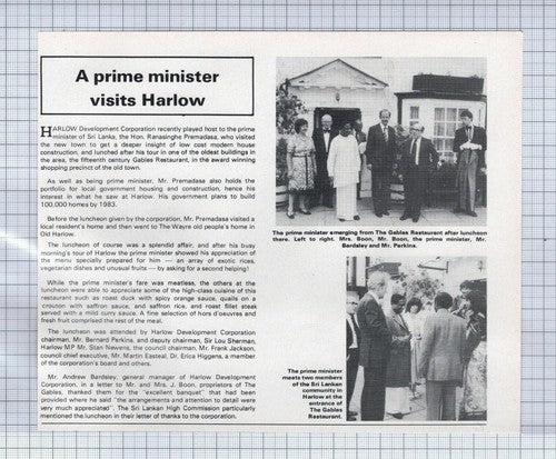 (5414) Harlow Development Corp Sri Lanka Prime Minister Gables Restaurant 1979