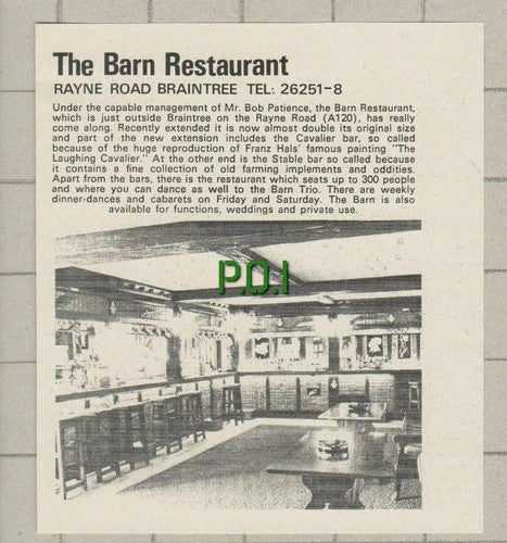 The Barn Restaurant Rayne Road Braintree Essex Bob Patience  - 1974 Small Advert