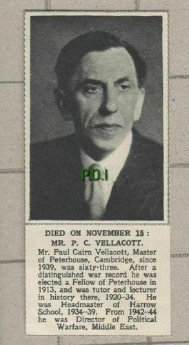 Mr Paul Cairn Vellacott Peterhouse Cambridge Obituary  -SMALL 1954 News Clipping