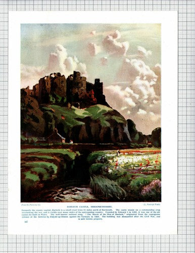 Harlech Castle Merionethshire Wales  L Burleigh Bruhl  -  c.1930s Print