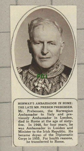 Mr Preben Prebensen  Norwegian Ambassador  -  1961 SMALL News Clipping