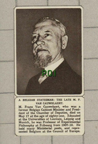Frans Van Cauwelaert Belgian Cabinet Minister Obituary -  1961 SMALL Clipping