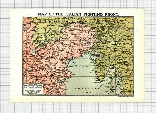 SMALL Map Of The Italian Fighting Front World War 2 WW2 - c.1918