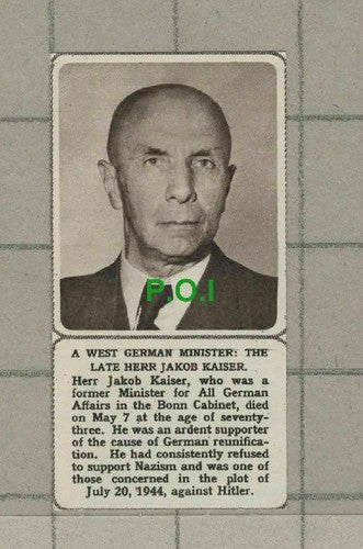 C1974) Herr Jakob Kaiser Bonn Cabinet Obituary - 1961 Clip SMALL!