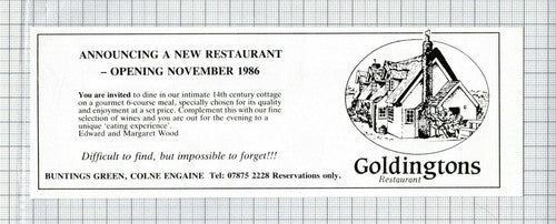 Goldingtons Restaurant Buntings Green Colne Engaine Edward Wood  - 1986 Advert