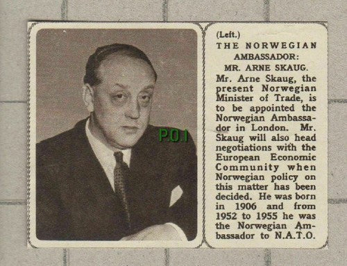 Mr Arne Skaug  Norwegian Ambassador  - Small 1961 News Clipping