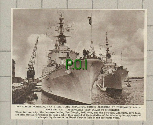 Italian Warships Ship San Giorgio & Indomito Portsmouth Greenwich -1961 Clipping