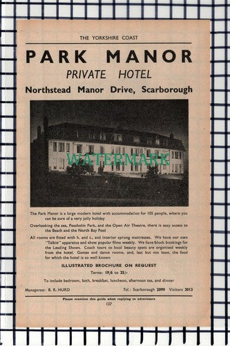 C7002) Park Manor Hotel Scarborough Hurd / Prince Of Wales - 1952 D/Sided Advert