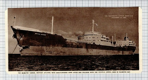 Tanker Ship BRITISH AVIATOR  Collision With Crystal Jewel - 1961 Cutting