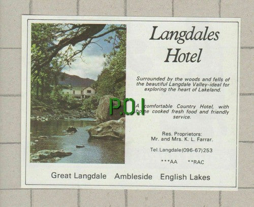 Langdales Hotel Great Langdale Ambleside Cumbria K L Farrer - 1978 SMALL Advert