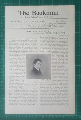 X1023) William Hazlitt English Writer  Gilbert Thomas - 1930 Article