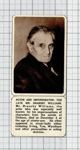 Mr Bransby Williams Actor & Impersonator Obituary  - 1961 Small News Clipping