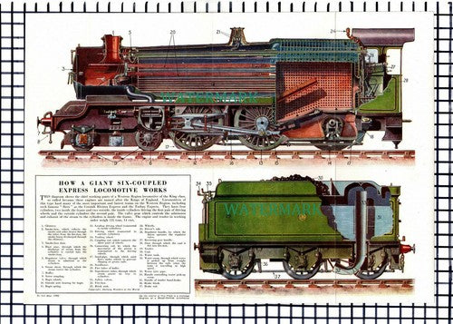 (7625) Six Coupled Express Locomotive / Diesel Electric Diagram- c.1950s Cutting