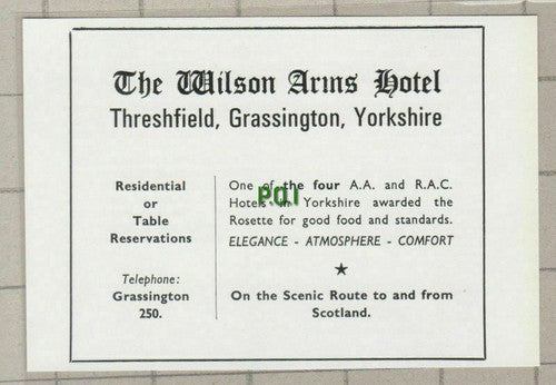 (C549) The Wilson Arms Hotel Threshfield Grassington  - c.1960s Advert Cutting
