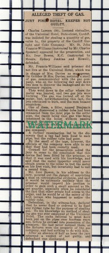 C7019) Charles Lawson Universal Hotel Bute St Cardiff Gas Theft  - 1916 Cutting