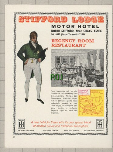 Stifford Lodge Motor Hotel  North Stifford Essex - 1970 Advert / Print