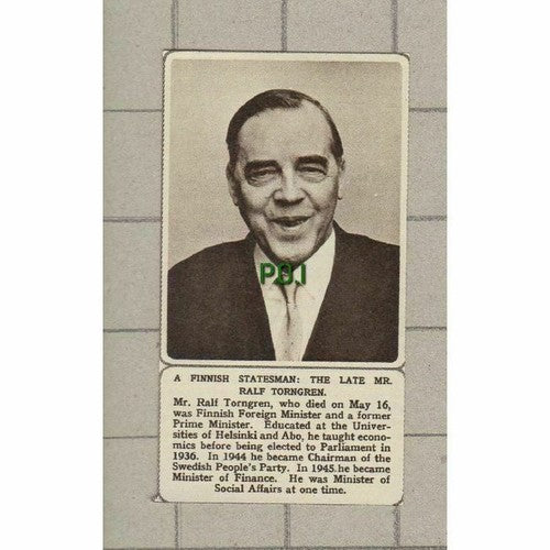 Ralf Torngren Finnish Foreign Minister Obituary - 1961 SMALL News Clipping