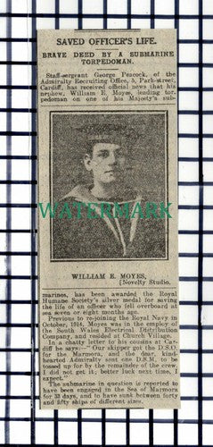 C7223) William E Moyes Submarine Hero George Peacock Cardiff - 1916 Cutting