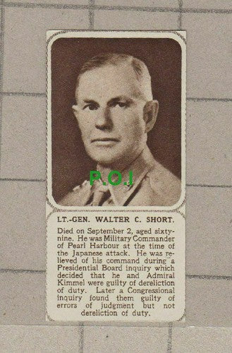 C2333) Lt Gen Walter C Short Pearl Harbour Obituary - 1949 Clip SMALL!