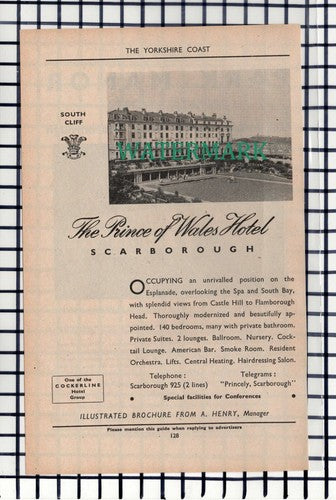 C7002) Park Manor Hotel Scarborough Hurd / Prince Of Wales - 1952 D/Sided Advert