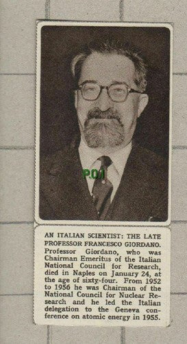 Professor Francesco Giordano Italian Scientist  - 1961 SMALL News Clipping