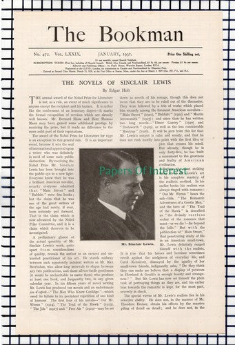 X1181) Sinclair Lewis Author - 1931 Article