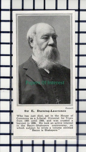C6081) Sir E Durning-Lawrence Truro Obituary - 1914 Cutting
