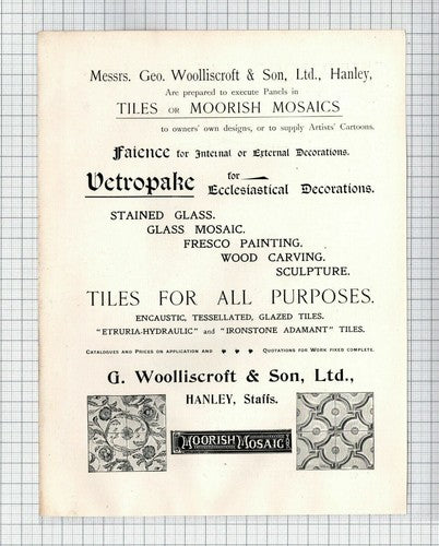 G Woolliscroft & Son Ltd / Twyfords Ltd Hanley Staffordshire -  1898  Advert