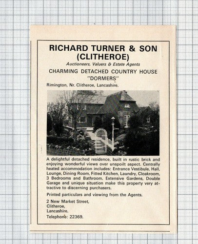 Dormers Rimington Nr Clitheroe Lancashire House Sale Advert  - 1974 Cutting