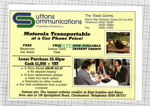 C2076) Suttons Communications Motorola Transportable Advert - 1987 Clip