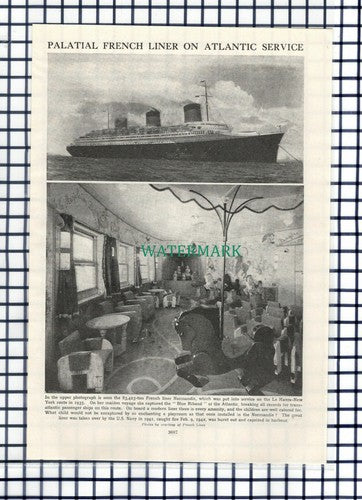 (6815) French Liner Ship NORMANDIE  - 1950s Print / Cutting