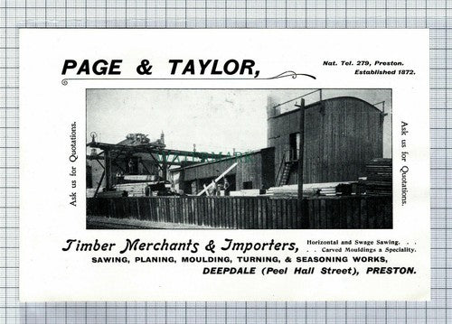 C7423) PRESTON Page & Taylor Timber Merchants Advert  - 1902 Cutting