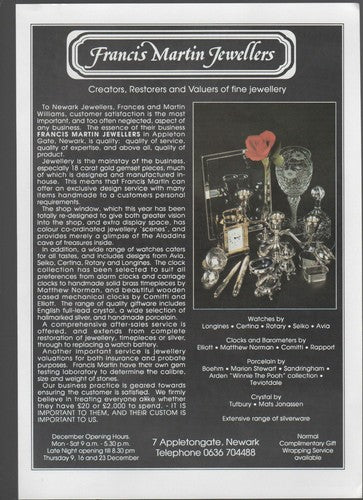 Francis Martin Jewellers Appletongate Newark - 1993 Advert / Print