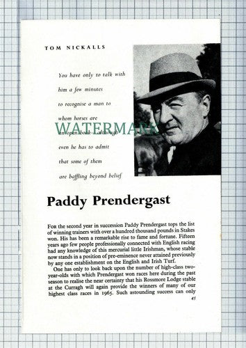 C7573) PADDY PRENDERGAST  Horse Racing   - 1965 Article