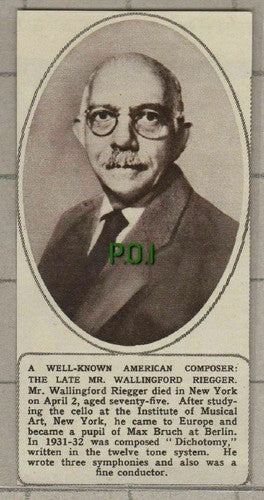 (C479) Mr Wallingford Riegger American Composer Obituary   -SMALL 1961 Clip