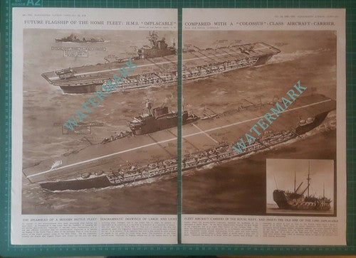Aircraft Carrier HMS IMPLACABLE Ship - 1948 2-Part Cutting / Print