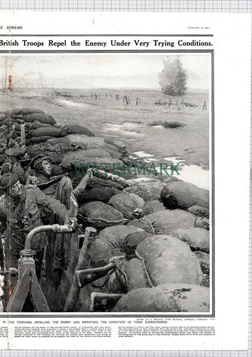 British Soldiers In Trenches Mud Sandbags World War One  - 1915 Print / Cutting