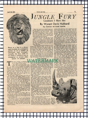 X1044) Wynant Davis Hubbard Big Game Hunter - 1933 Article