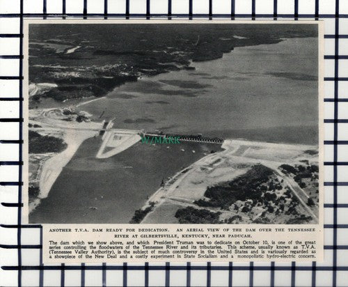 C6151) Dam Over Tennessee River Gilbertsville Kentucky TVA  ~ 1945 Cutting
