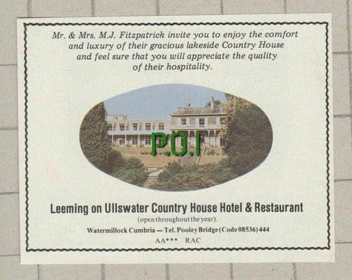 Leeming On Ullswater Country House Hotel Watermillock Fitzpatrick  -1979 Advert