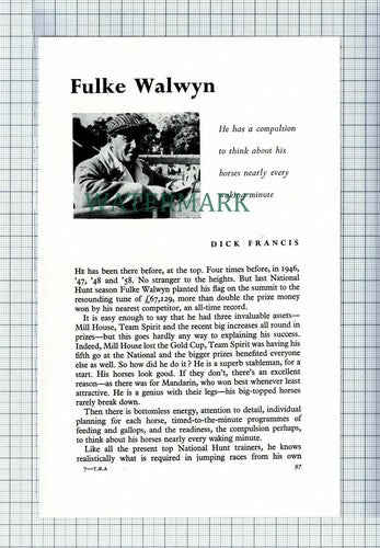 C7517) FULKE WALWYN  Horse Racing   - 1965 Article