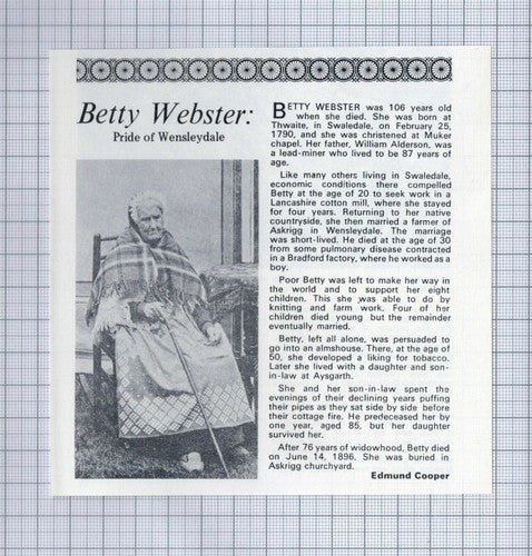 (5495) Betty Webster Thwaite Swaledale Aysgarth Askrigg   - 1978 Clip