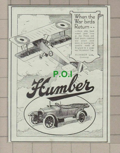 C114) Humber Car Advert World War One Plane Theme - 1918 Clip