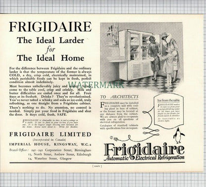X1733) PINCHIN JOHNSON & Co / Frigidaire Advert - 1927 Cutting