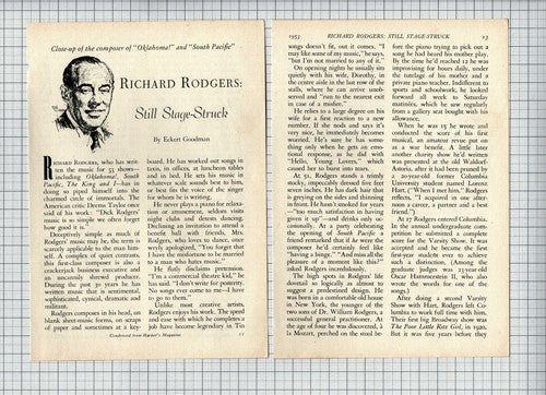 Richard Rodgers Composer by Eckert Goodman  - SMALL 1953 Magazine Article