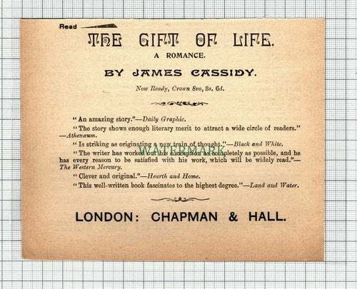 C7585) The Gift Of Life James Cassidy ADVERT -  1899 Cutting
