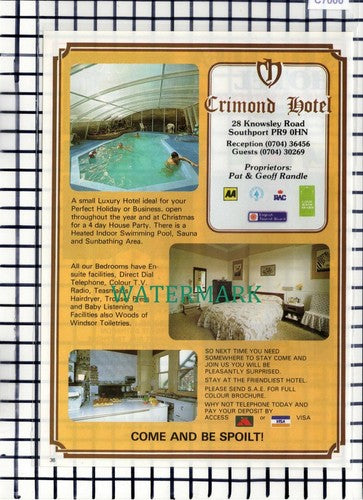 C7000) Crimond Hotel Southport Geoff Randle Stutelea Hotel  - 1986 Advert