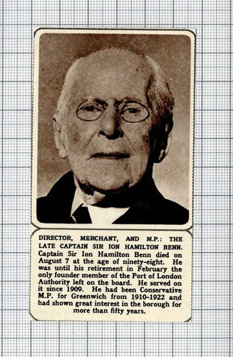 Captain Sir Ion Hamilton Benn MP Obituary - 1961 Small Cutting